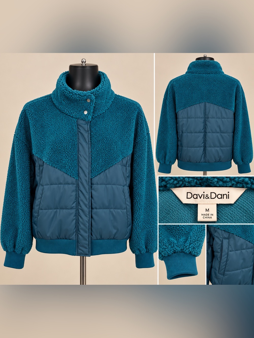 DAVI & DANI Teal Sherpa and Quilted Puffer Jacket